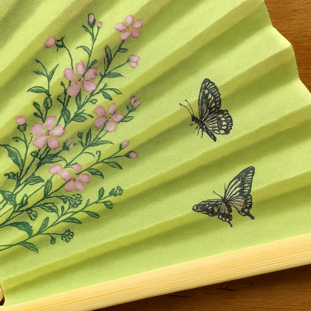 Abanico de seda verde con flores y mariposas