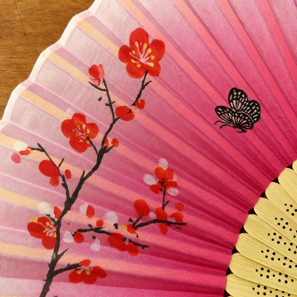 Abanico de seda rosa con flores de cerezo